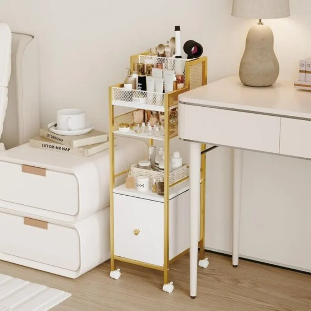 New Gold Rolling Makeup Storage Cart, Vanity Organizer with Drawers for Home